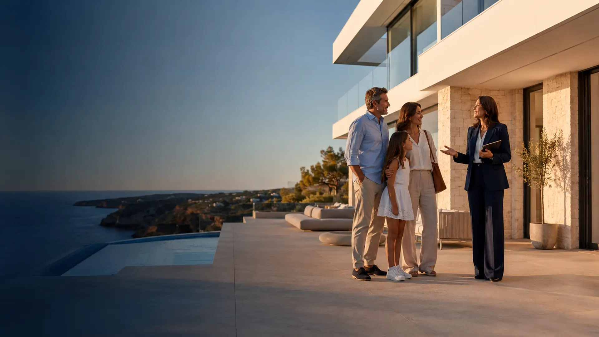 Família a visitar uma casa com vista mar, acompanhada por uma consultora HousePro.